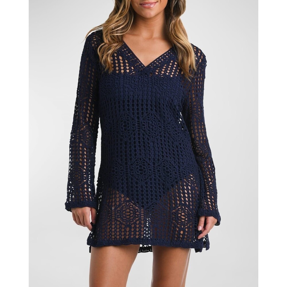 La Blanca Crochet Swim Cover Up Womens Medium Indigo Tunic Dress V Neck LB3ZW57